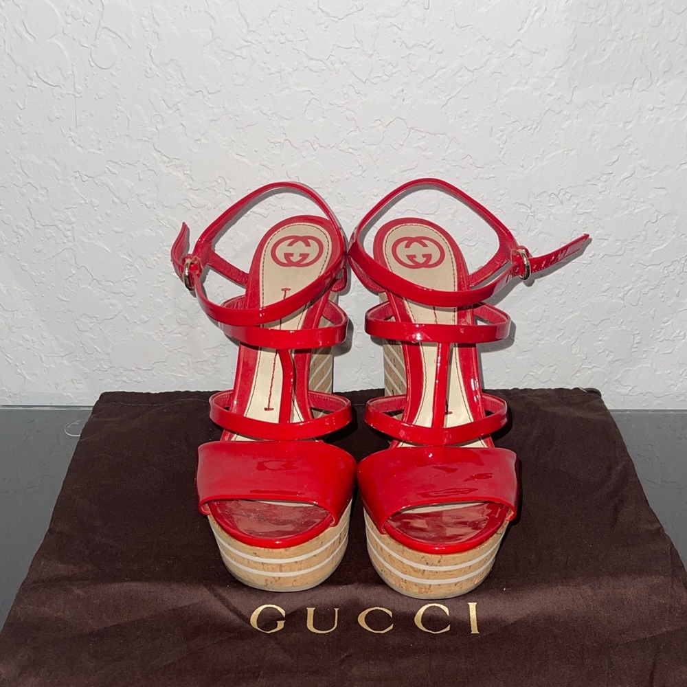 Gucci Vernice Crystal Red Women's Wedge Sandals Size 38